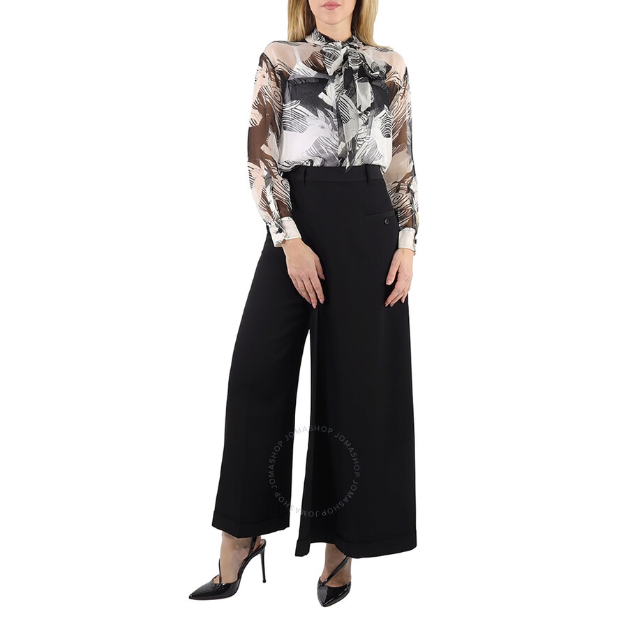 Burberry Ladies Monochrome Deer Print Silk Chiffon Pussy-bow Blouse - 6