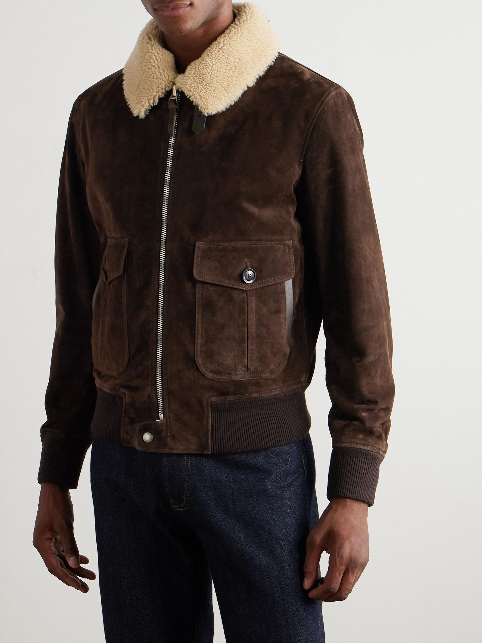 Shearling-Trimmed Suede Jacket Brown - 3