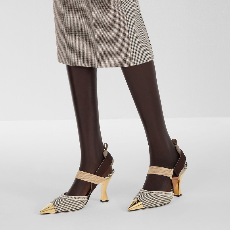 FENDI High-heeled slingbacks in beige houndstooth fabric outlook