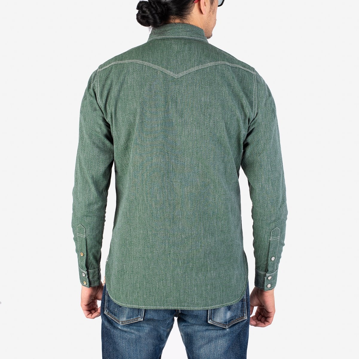 IHSH-289-GRN 10oz Mock Twist Selvedge Chambray Western Shirt - Green - 3