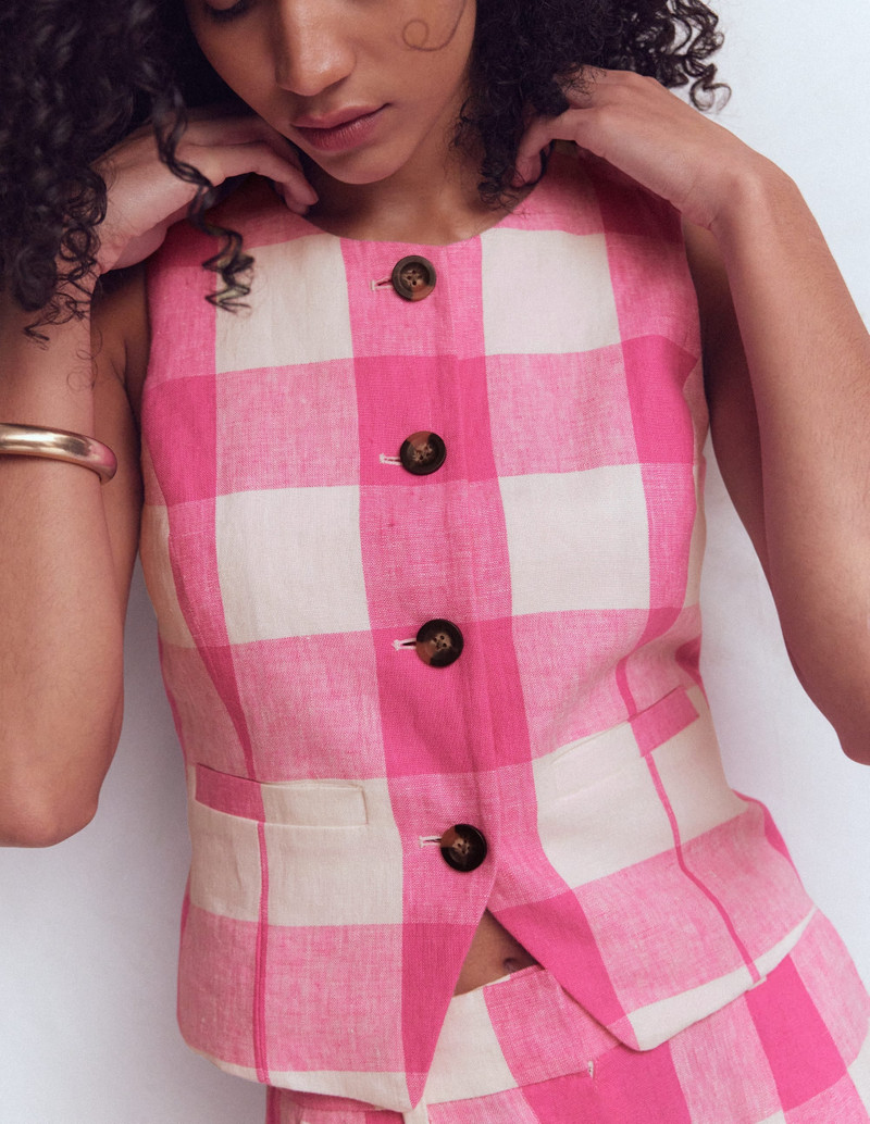 Linen Scoop Neck Waistcoat-Pink Punch Gingham 3