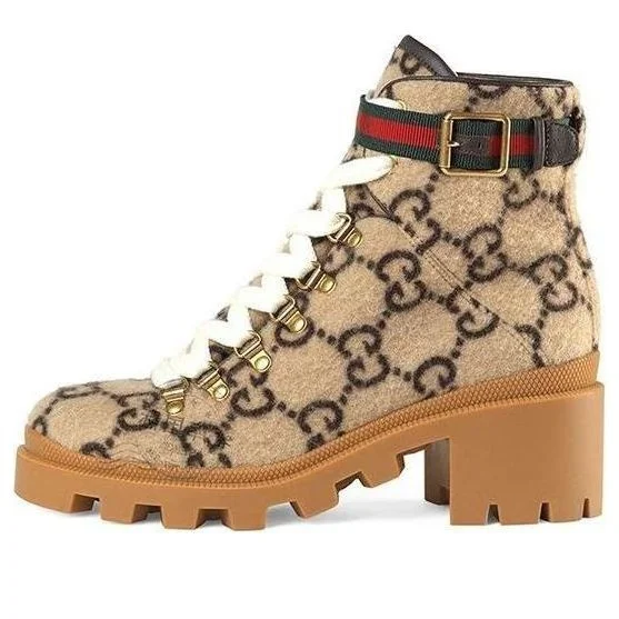 (WMNS) Gucci GG Monogram Lace Up Combat Ankle Boots 'Beige' 578585-G38H0-9772 - 1