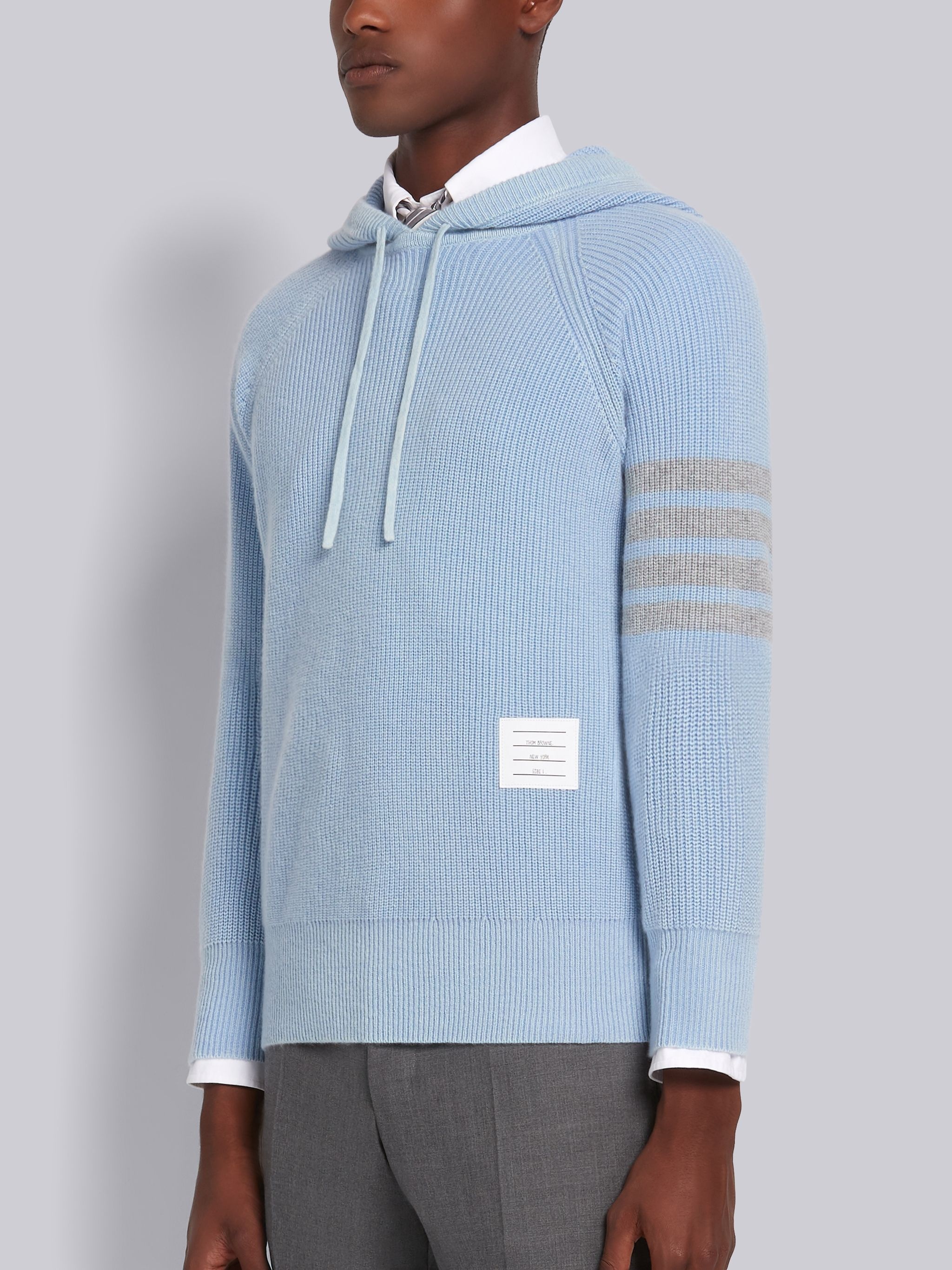 Light Blue Cashmere Garment Dyed Half Cardigan Stitch Relaxed 4-Bar Pullover Hoodie - 2