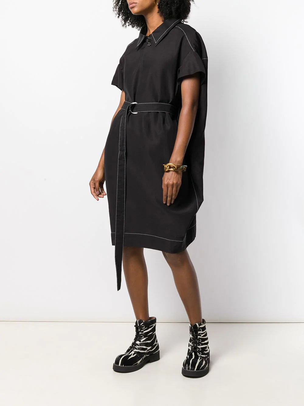 contrast stitch belted shirt dress - 2