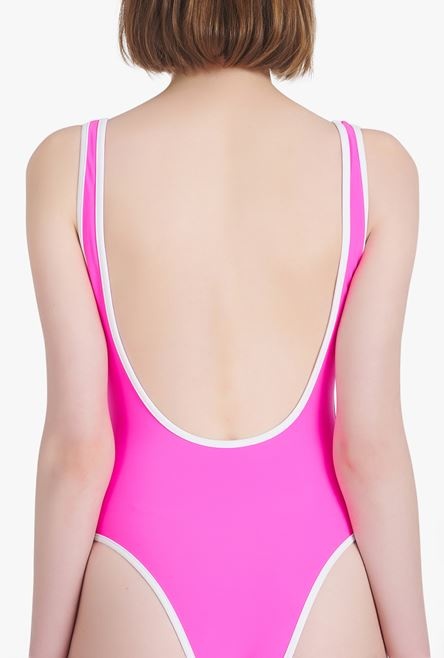 Neon pink racerback one-piece with white Balmain logo - 5