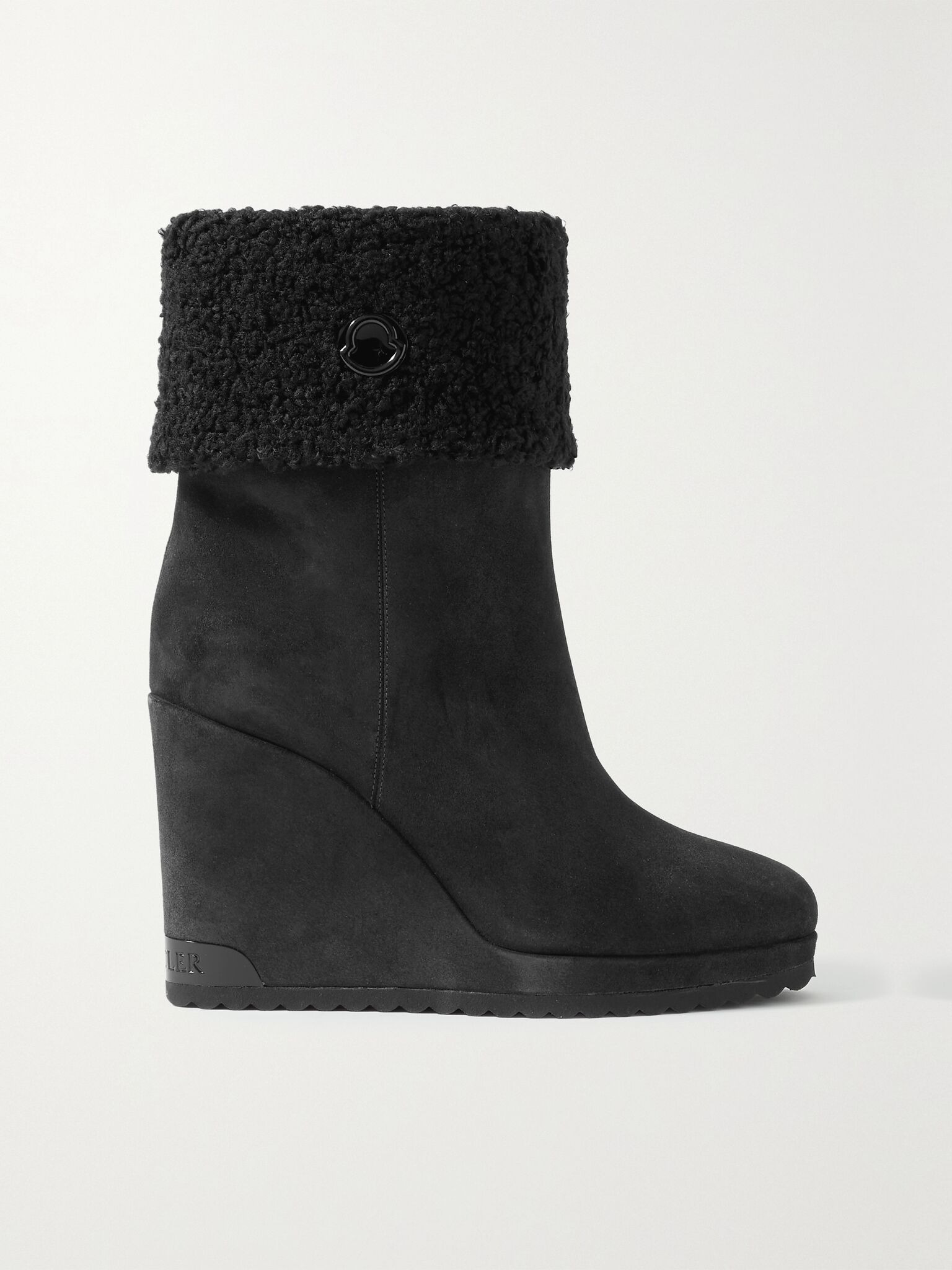 W Short faux shearling-lined suede wedge ankle boots Black - 1