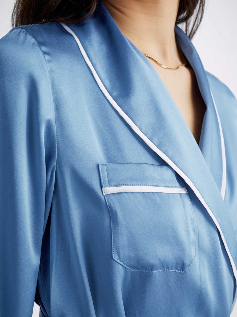 Women's Long Dressing Gown Bailey Silk Satin Soft Denim - 6