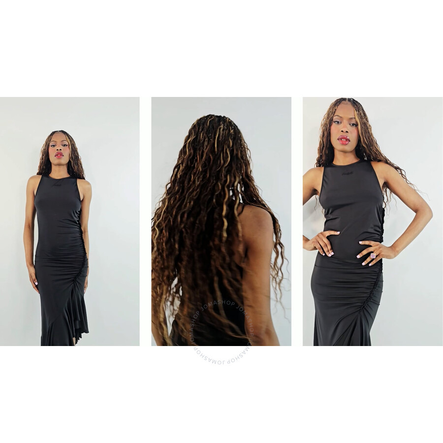 Rotate Ladies Black Gathered Asymmetric Midi Dress - 6
