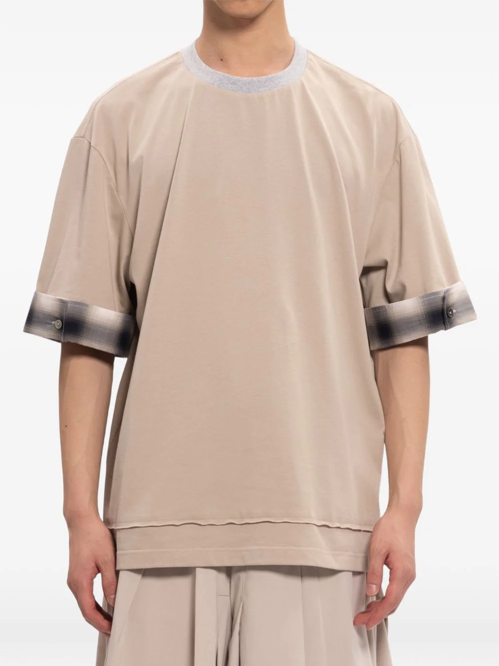 checked-cuff layered-hem T-shirt - 1