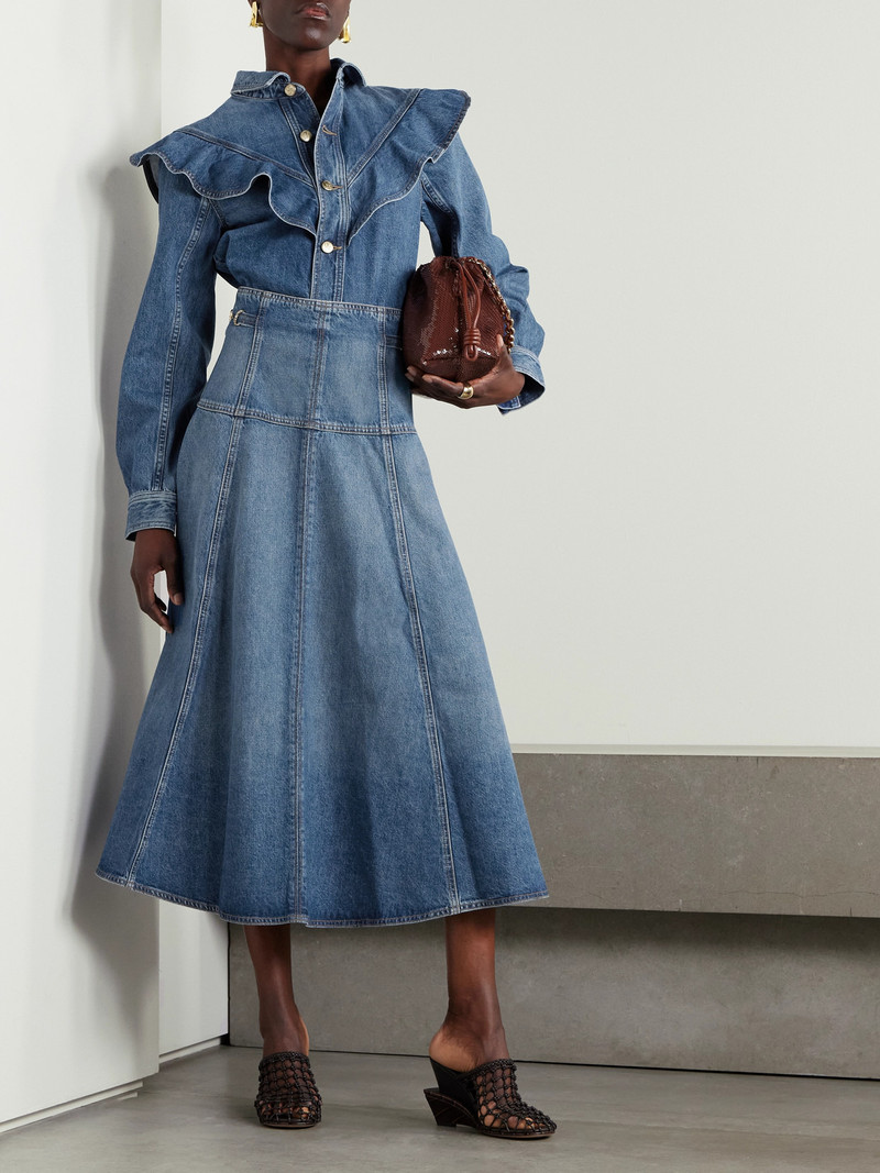 ULLA JOHNSON The Brigette Embellished Paneled Denim Midi Skirt outlook