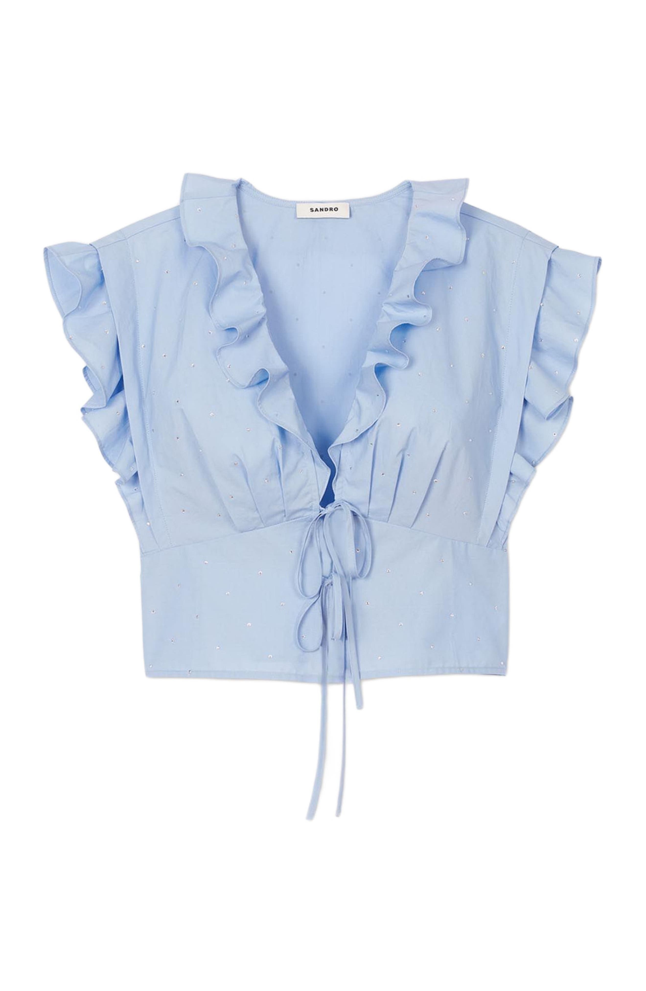 SANDRO Rhinestone ruffle top in Sky Blue at Nordstrom - 5