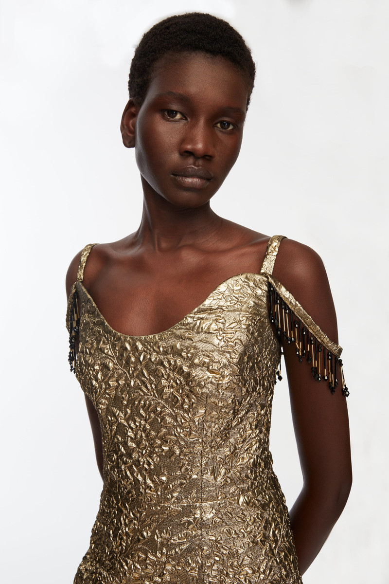 Morphita Dress In Gold Double Warp Floral 3