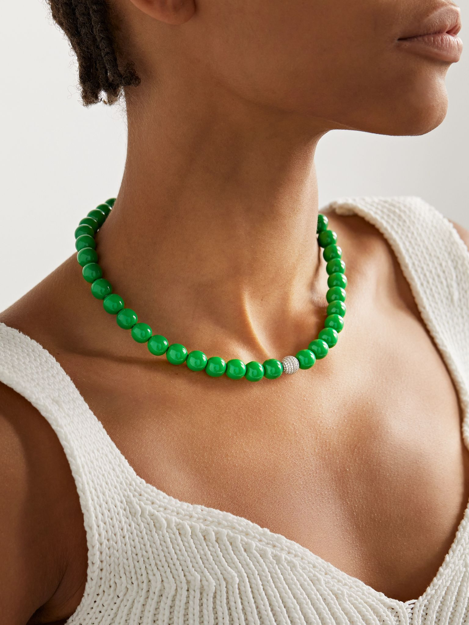 14-karat white gold, enamel and diamond necklace Green - 2