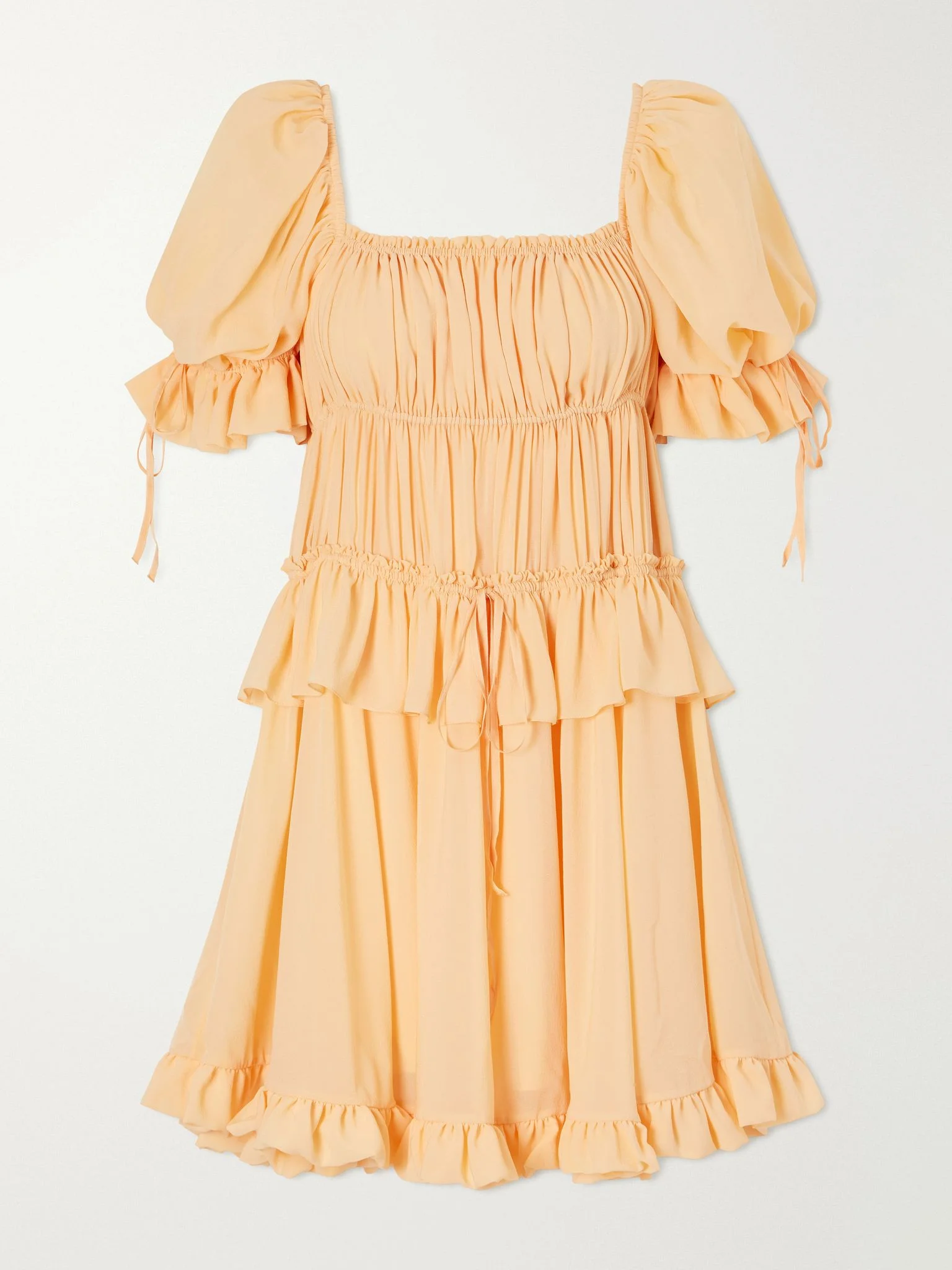 Shirred tiered silk georgette mini dress Pastel orange - 1