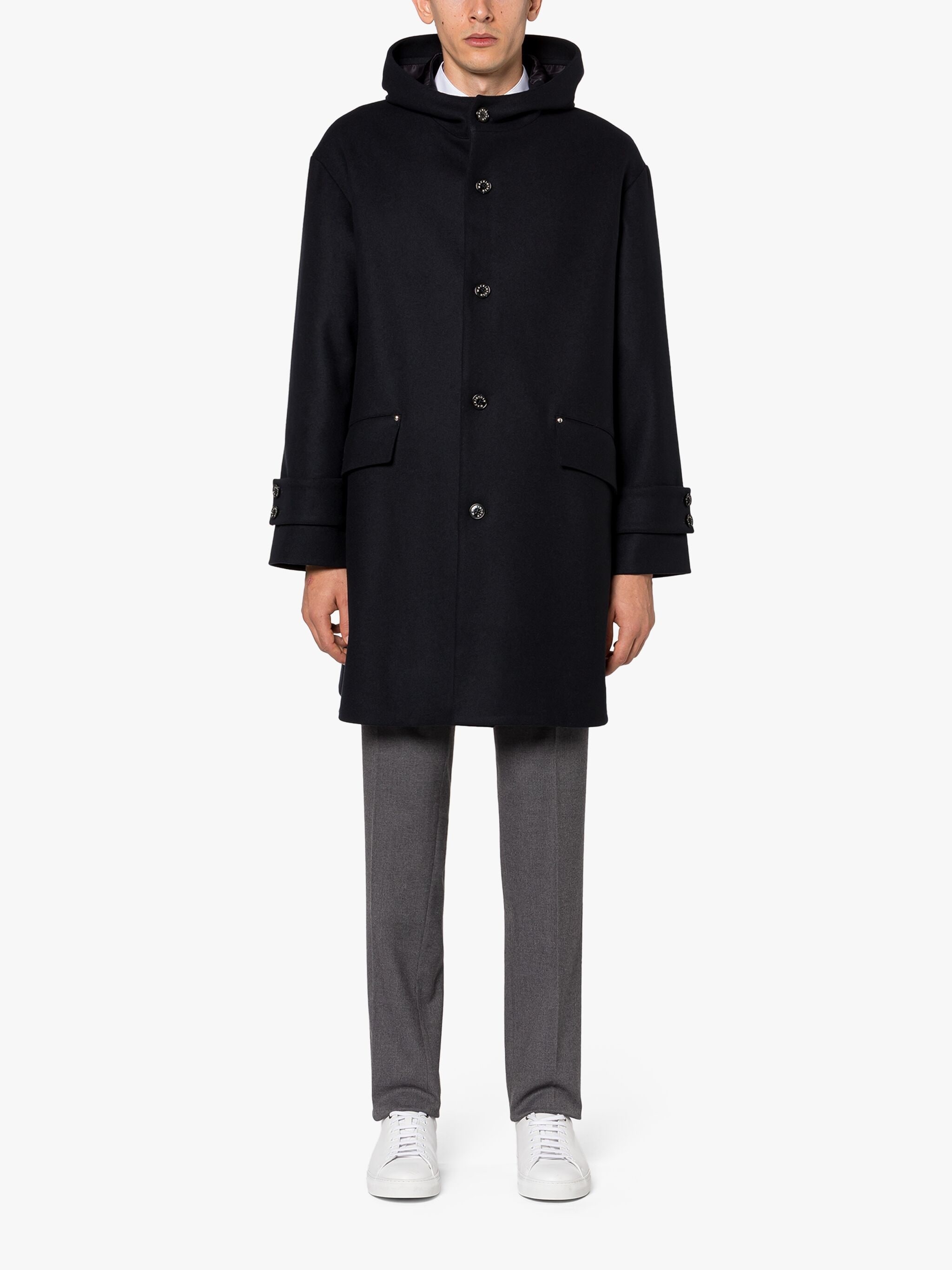 HUMBIE HOOD NAVY WOOL OVERCOAT - 3