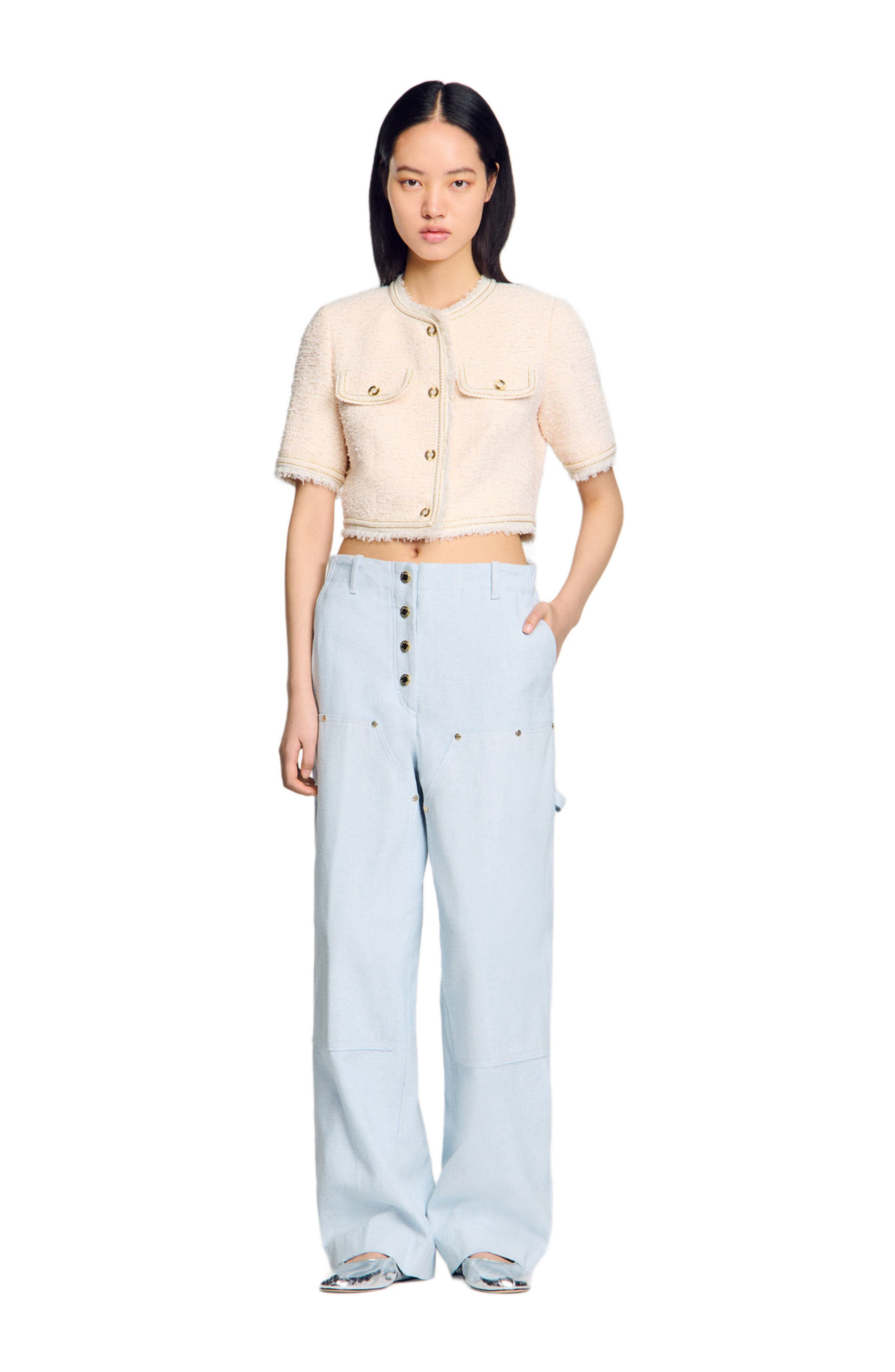SANDRO Short-sleeved tweed jacket in Ecru /Pink at Nordstrom - 6