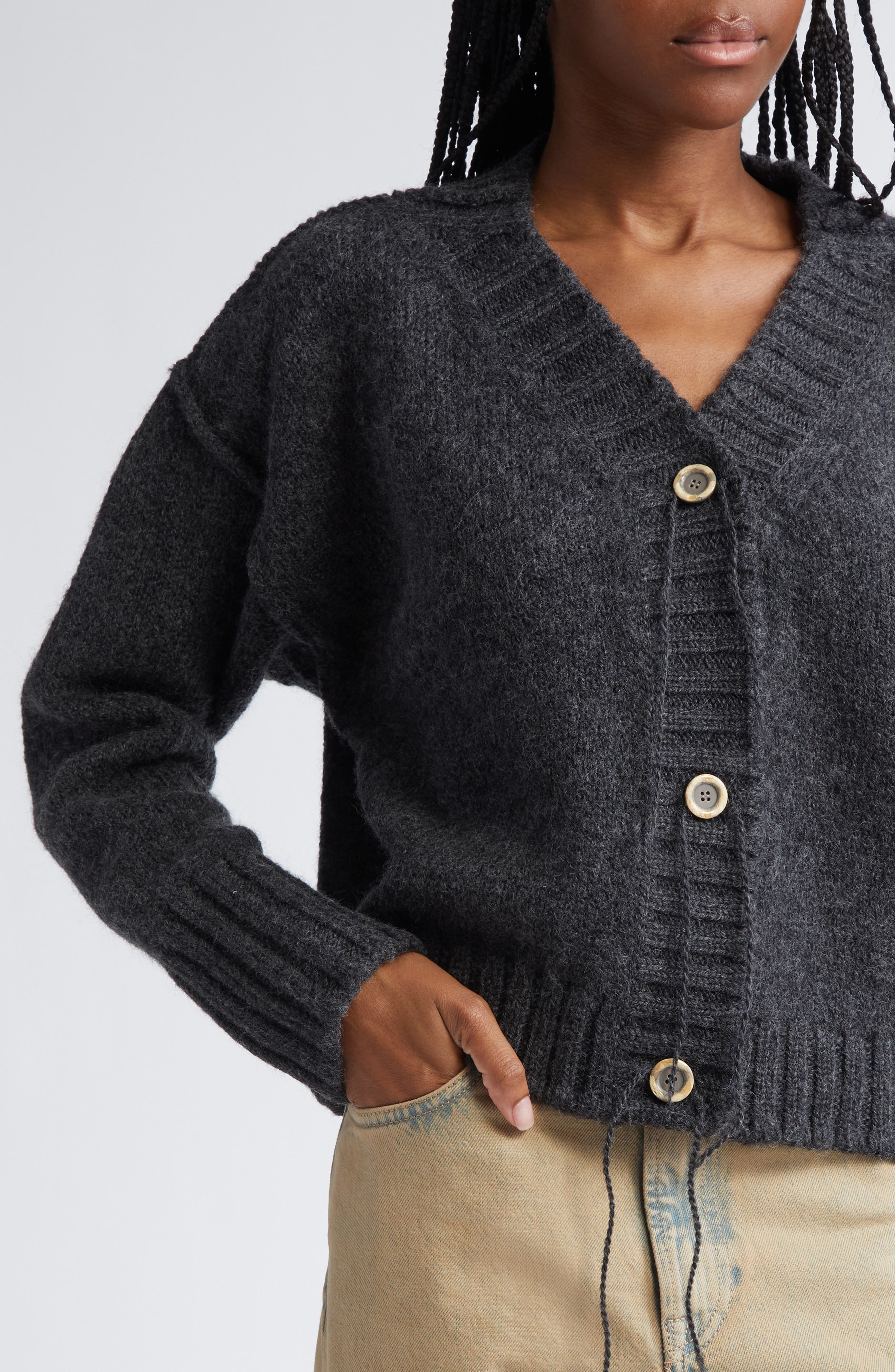 Acne Studios Krypton Wool V-Neck Cardigan in Anthracite Grey at Nordstrom - 4
