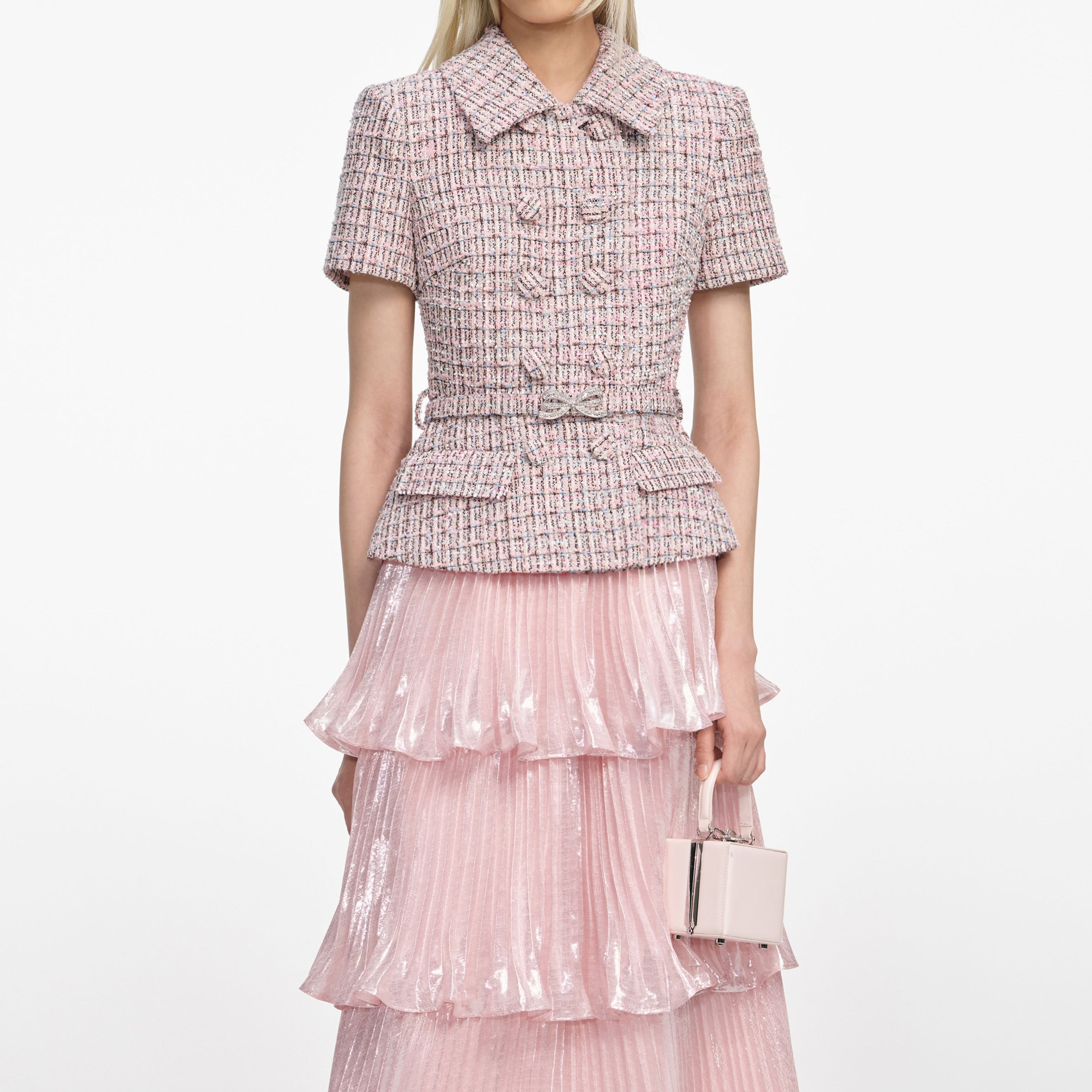 Pink Boucle Metallic Tiered Midi Dress - 4