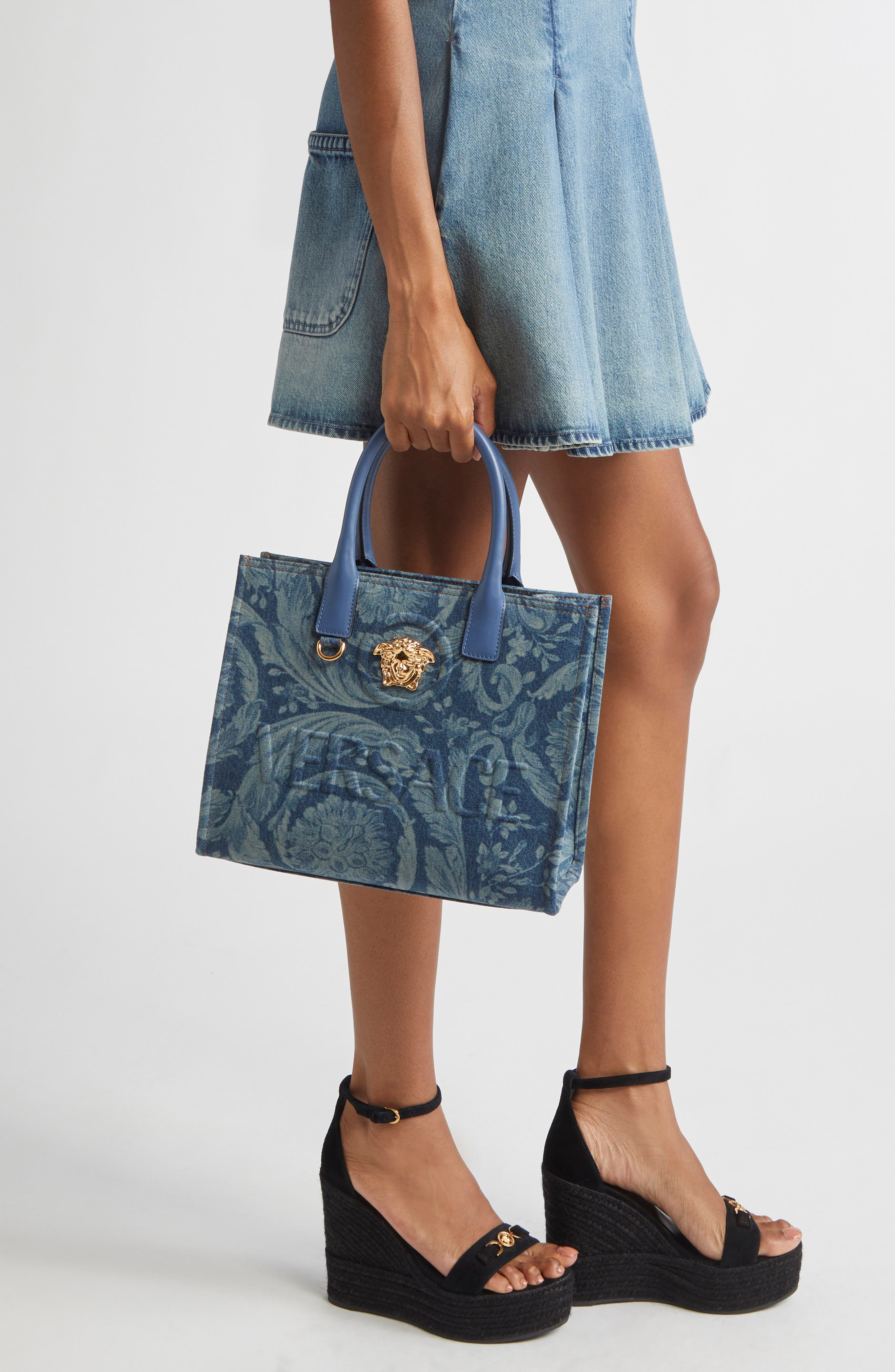 Versace Small La Medusa Barroco Denim Tote in Denim Blue Gold at Nordstrom - 2