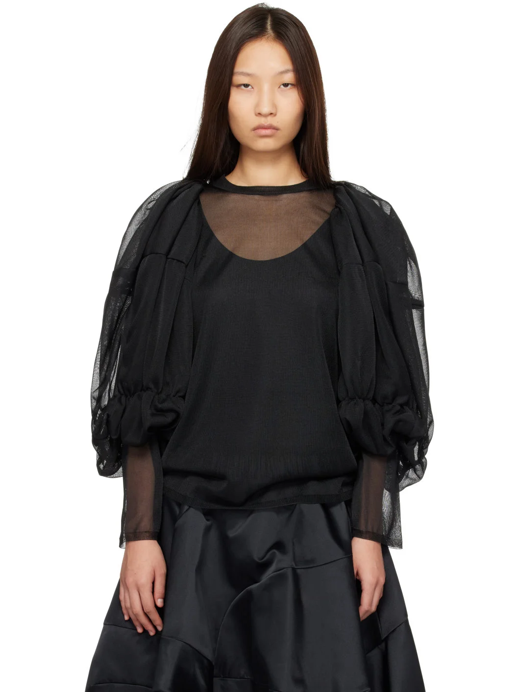 Black Sheer Balloon Sleeve Shirt - 1