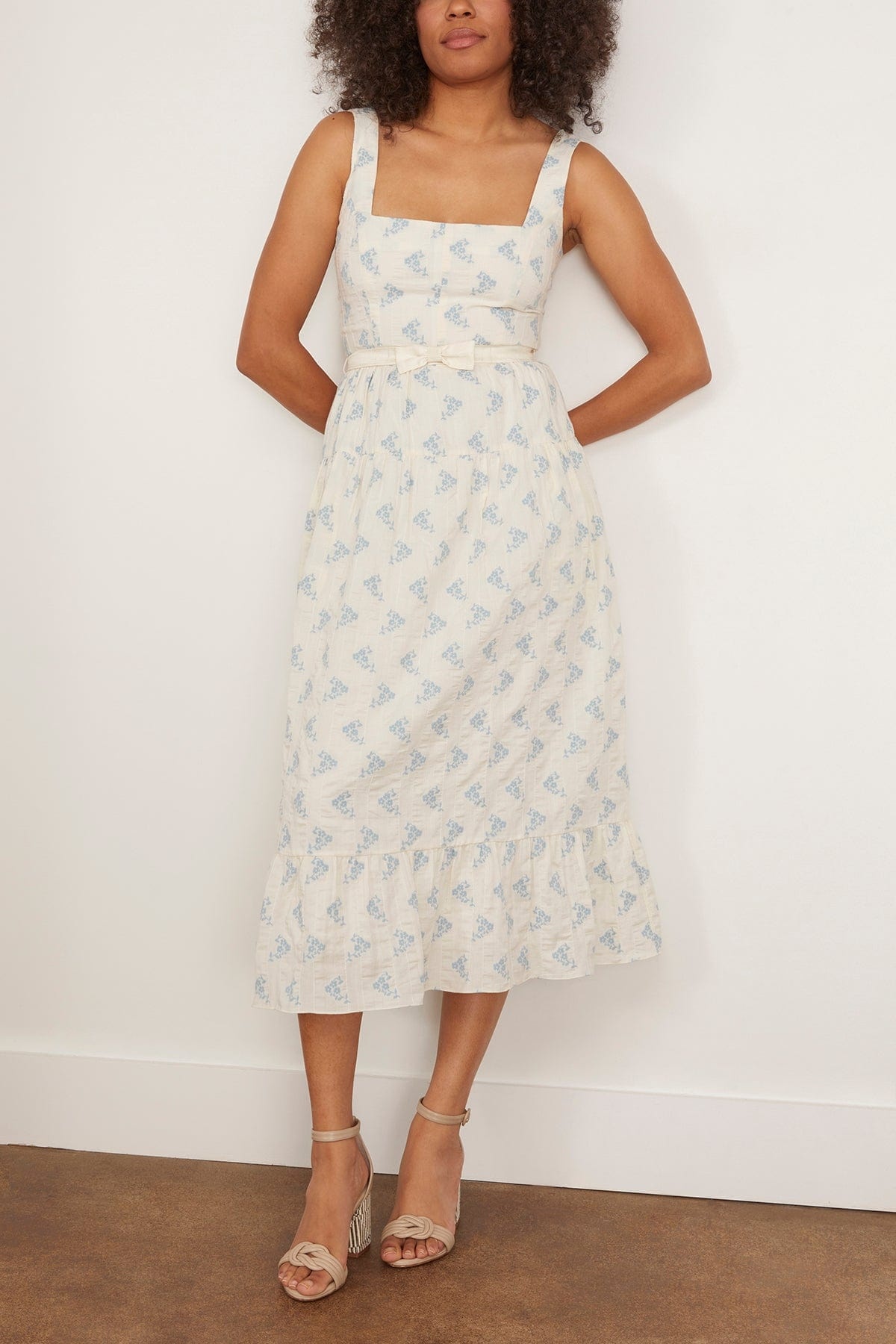 Pansy Tiered Midi Dress with Bow Belt in Ivory and Blue Floral - 3