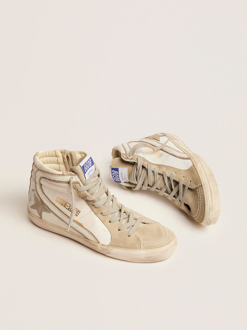 Golden Goose Slide sneakers with ice-gray suede star and white leather flash outlook