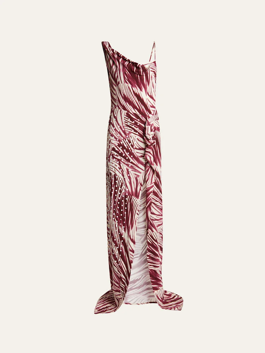 Deyon Printed One-Shoulder Draped Gown - 1