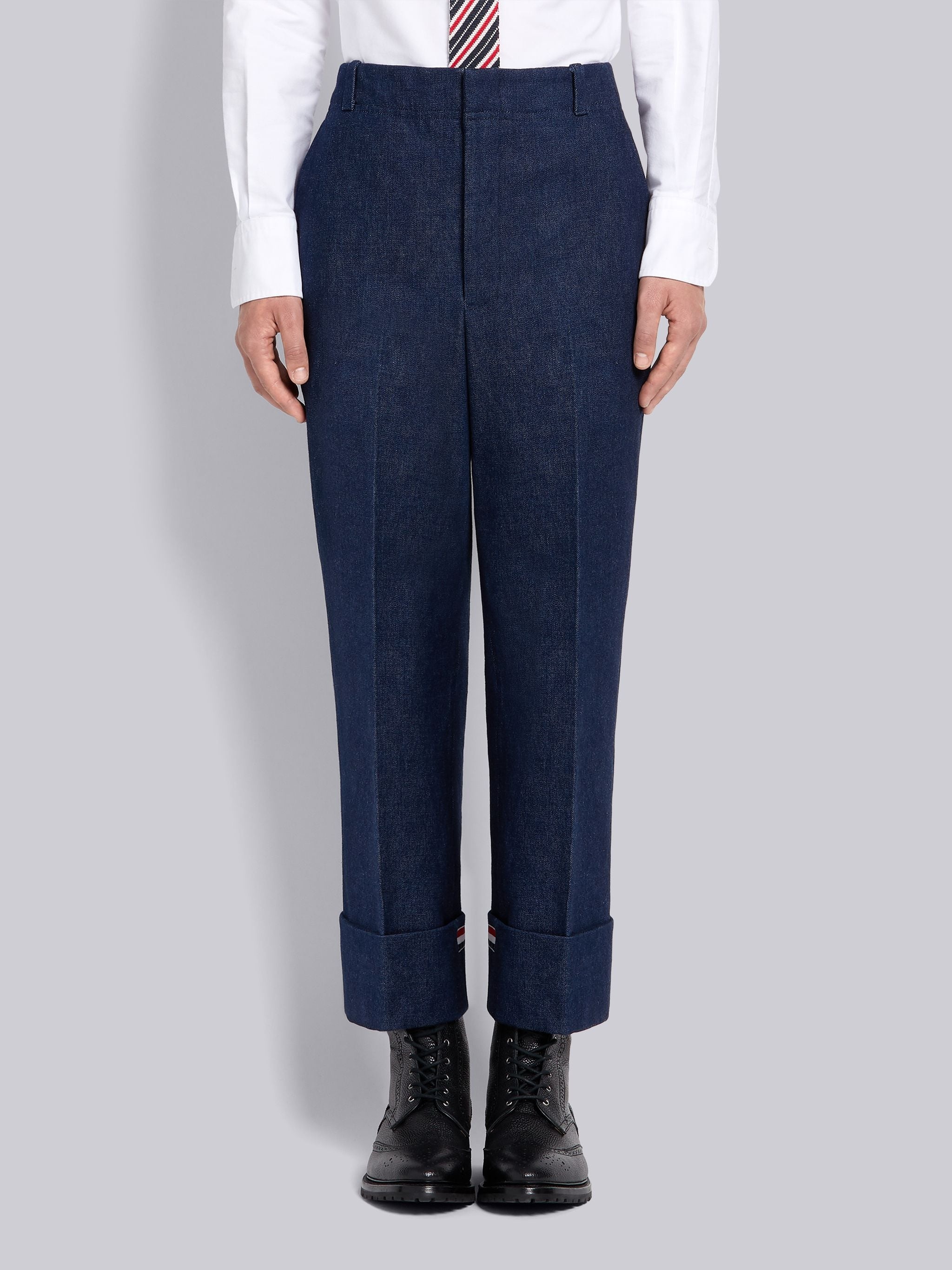 Navy Washed Cotton Denim Deconstructed Cuffed Classic Trouser - 1
