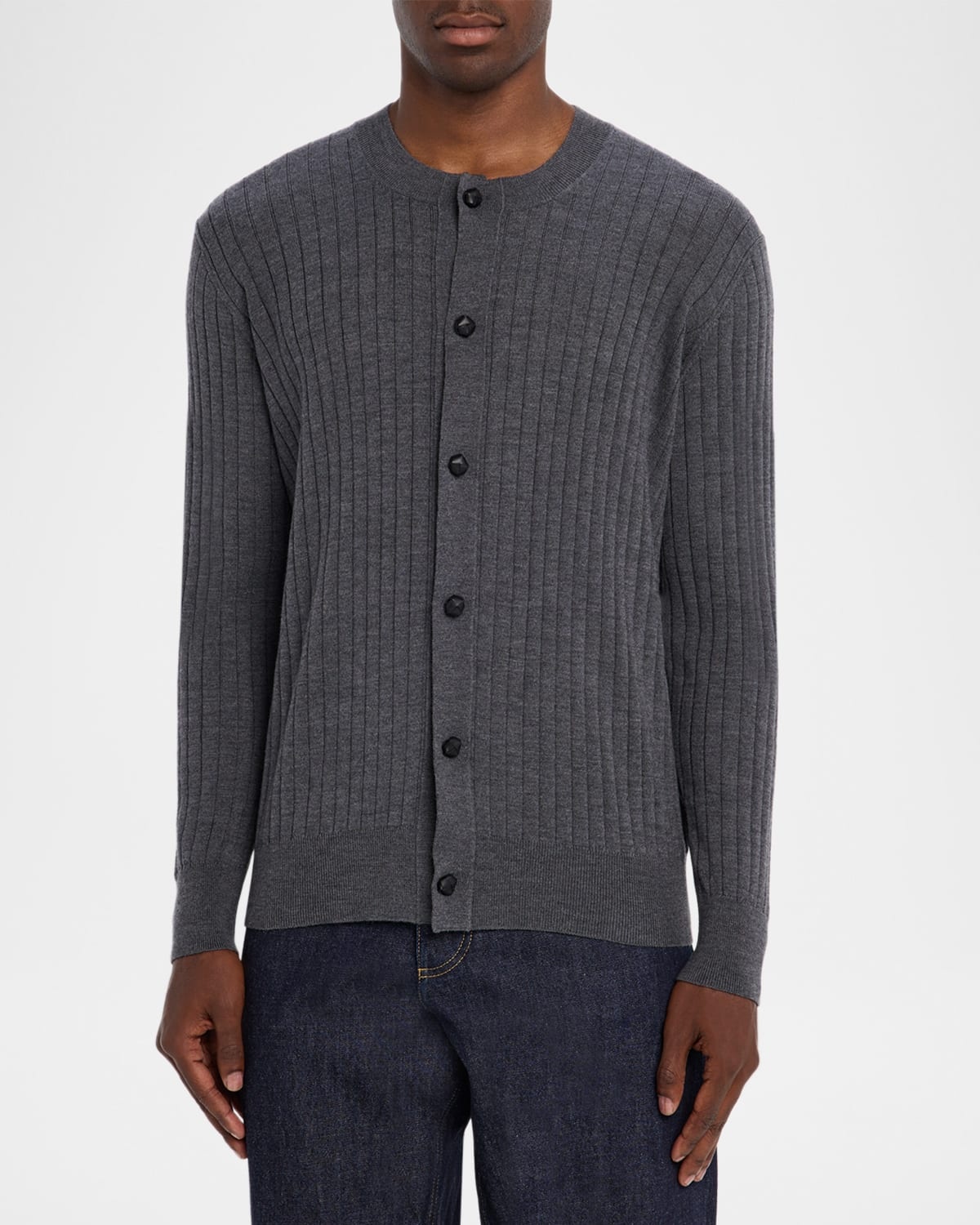 Men's Ribbed Wool Cardigan with Leather Buttons - 4