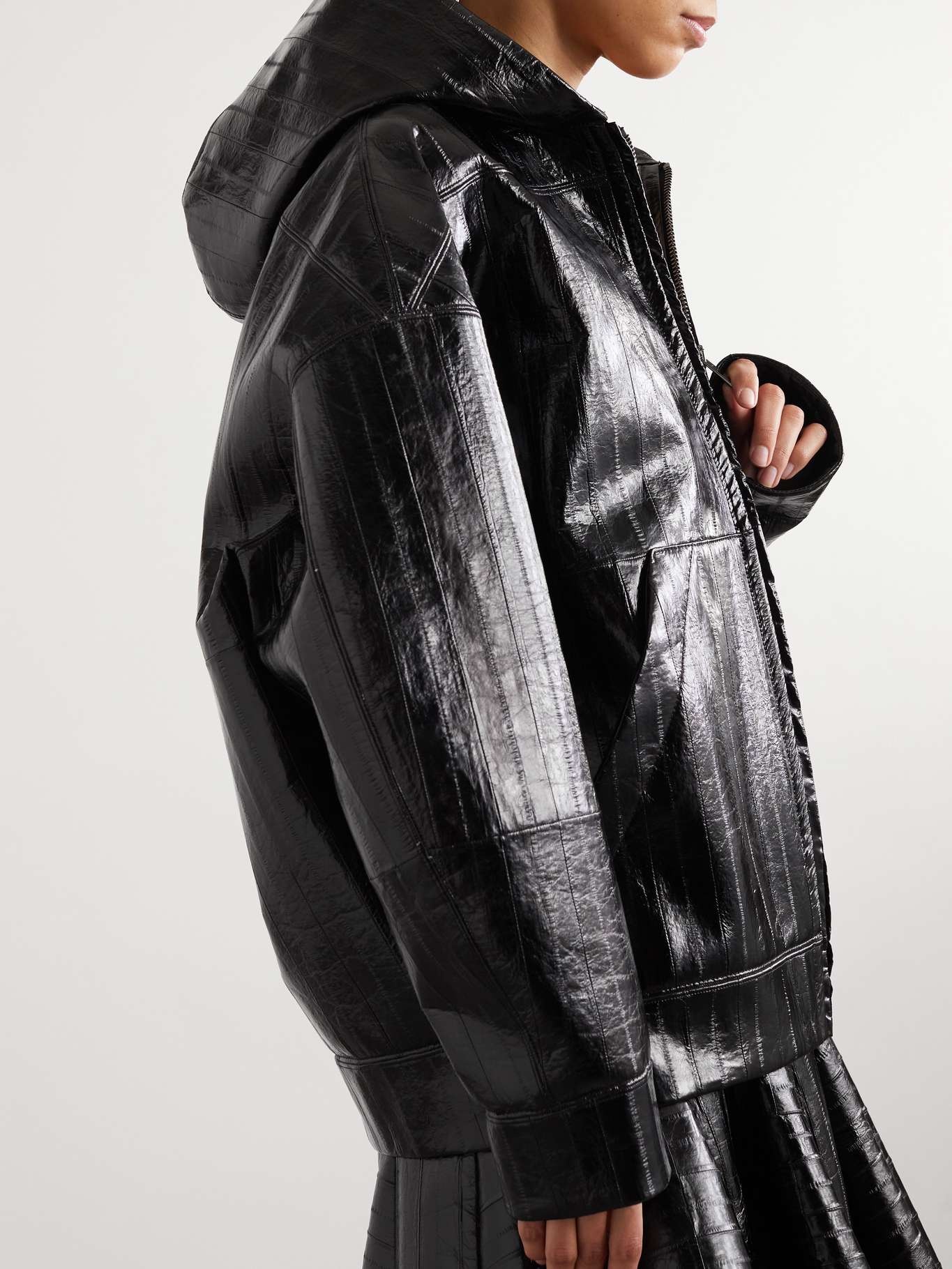 Oversized glossed-leather hooded jacket - 5