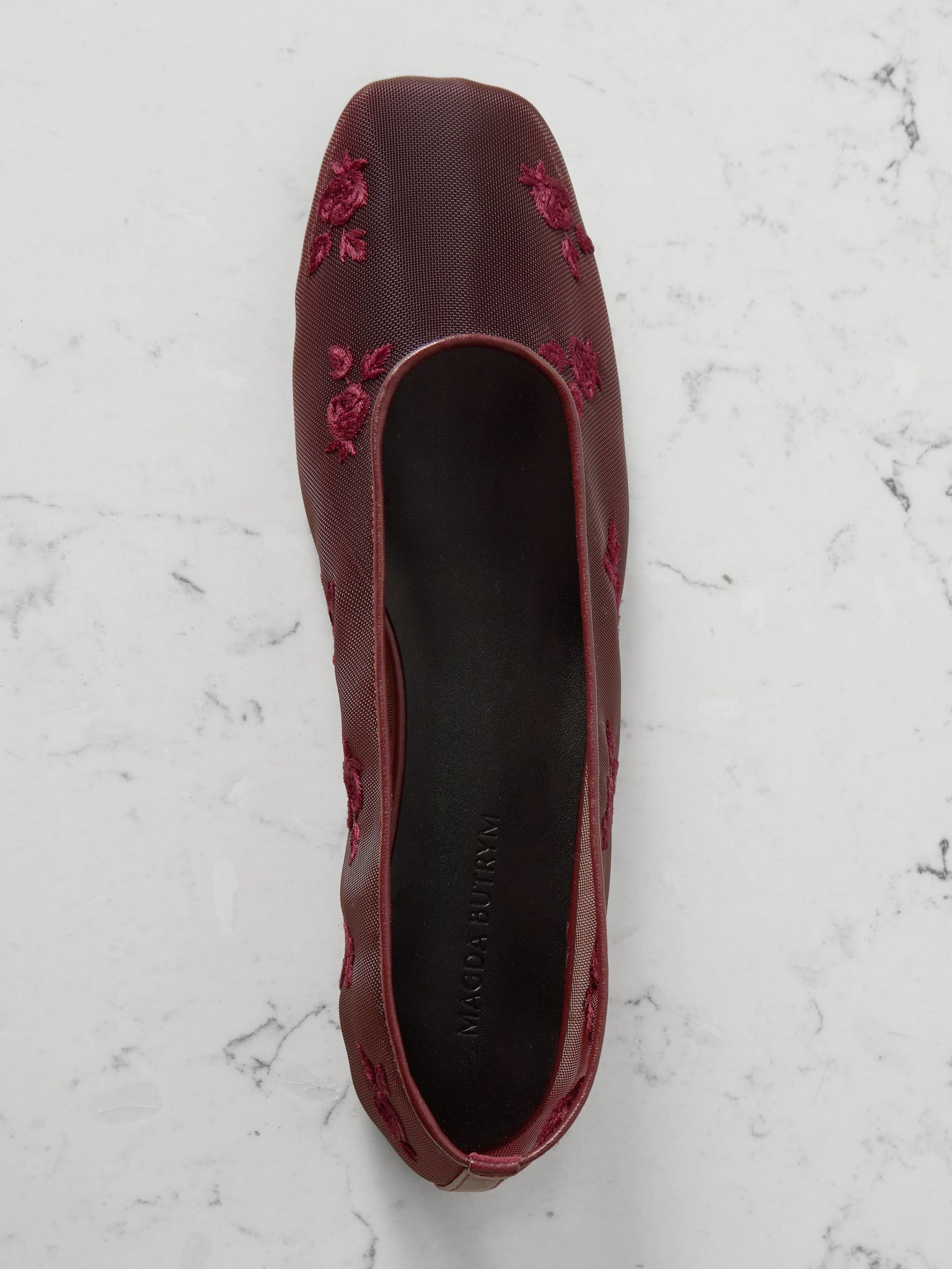 Leather-trimmed embroidered mesh ballet flats Burgundy - 5