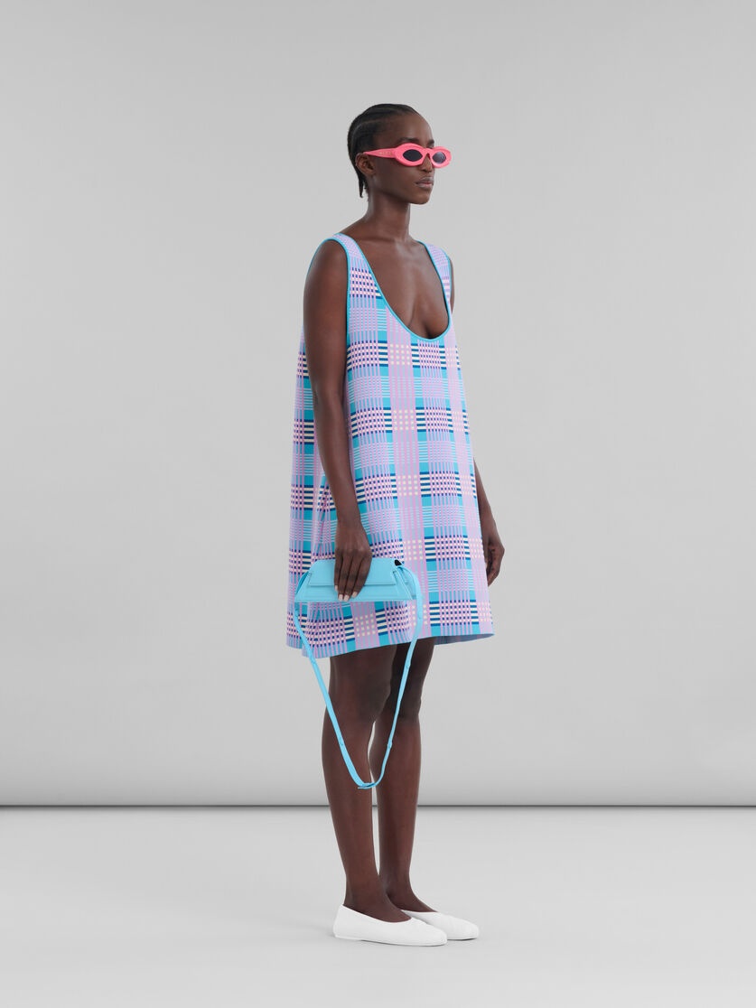 PINK AND BLUE CHECKED TECHNO KNIT A-LINE DRESS - 6