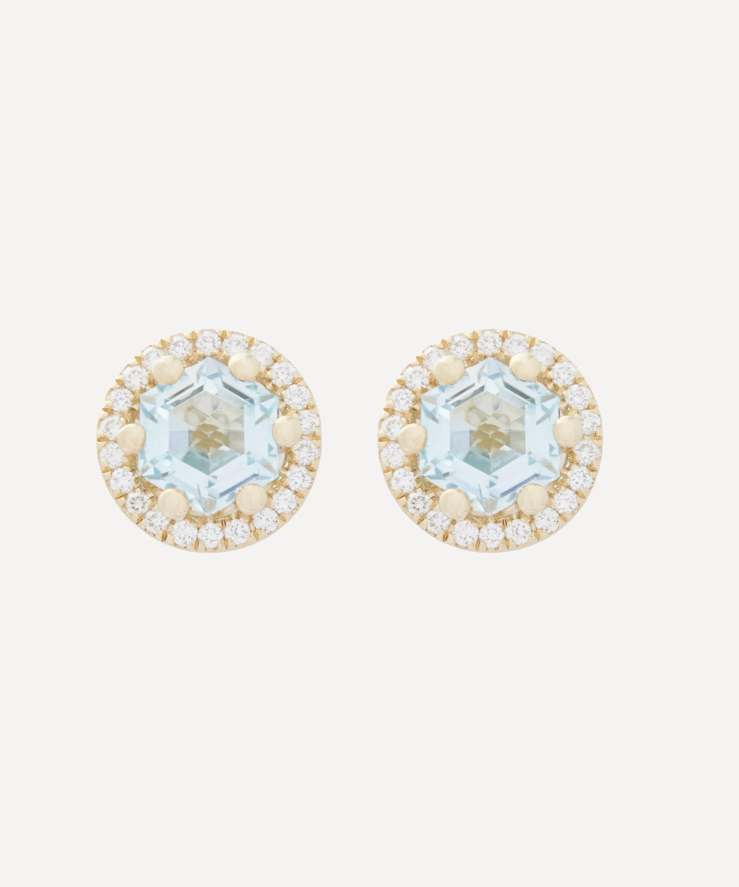 14ct Gold Halo Blue Topaz Hex Stud Earrings - 1