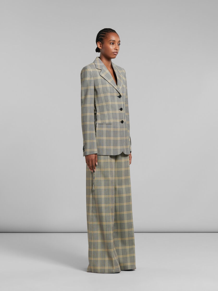 YELLOW CHECKED TECH WOOL PALAZZO TROUSERS - 5