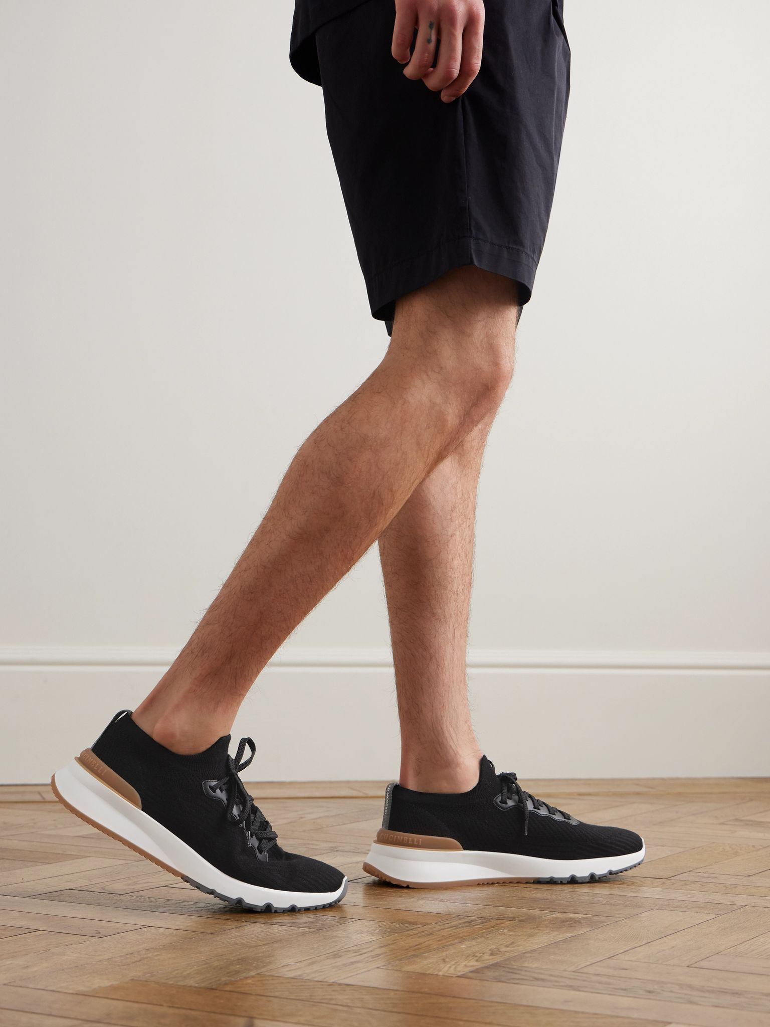 Leather-Trimmed Stretch-Knit Sneakers Black - 2