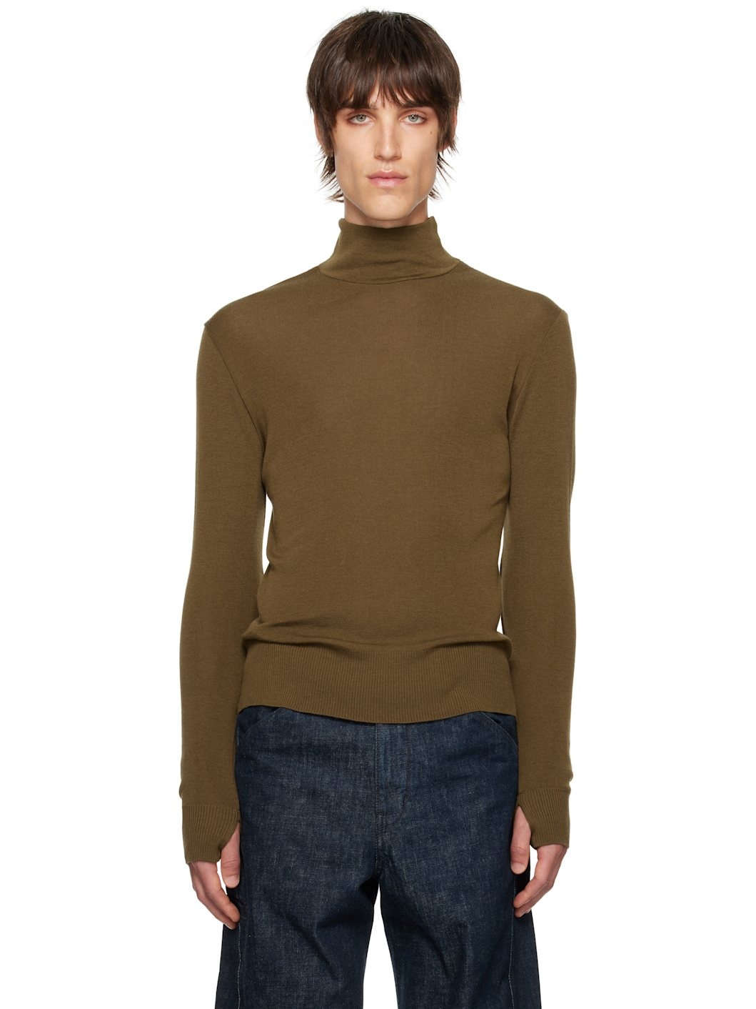Brown Seamless Turtle Neck Sweater - 1