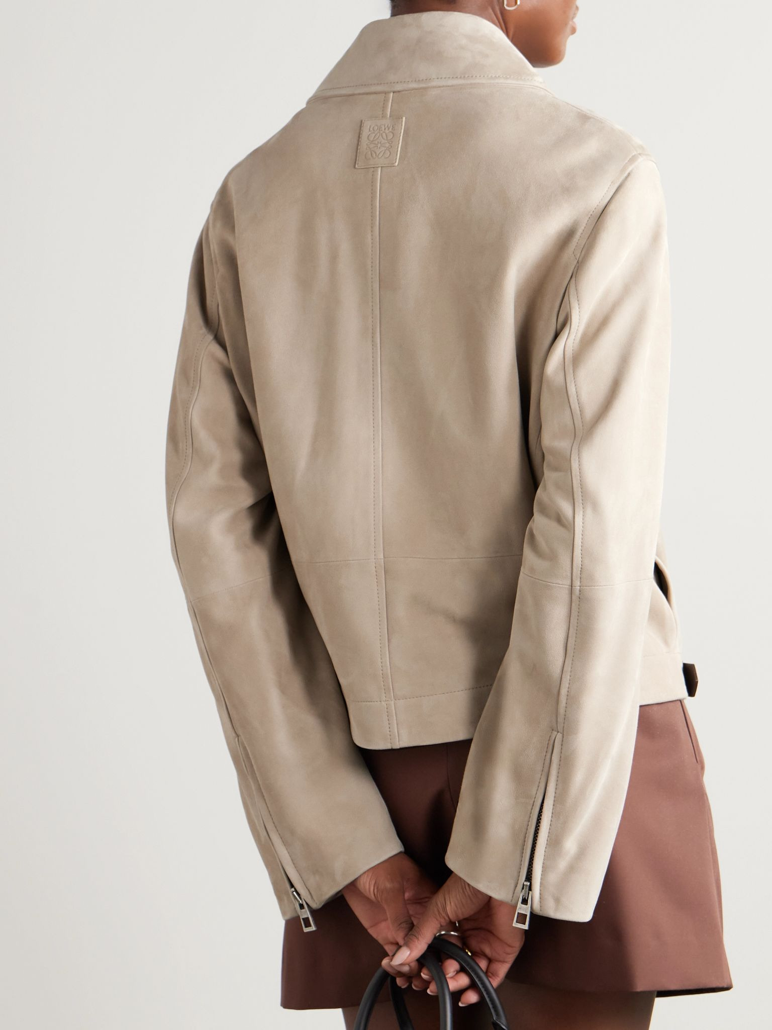 Buckle-embellished leather-trimmed suede jacket Beige - 3