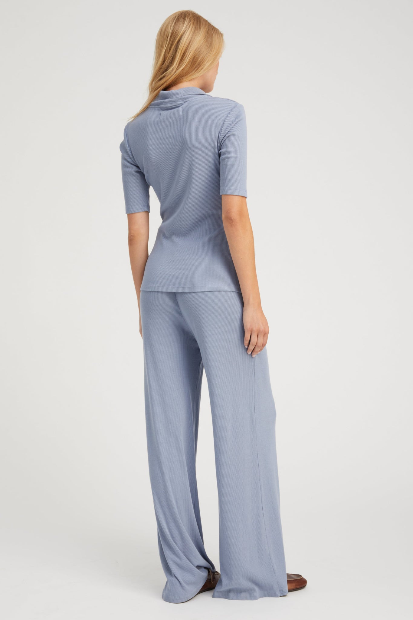 STEEL BLUE RIB WIDE LEG PANTS - 4
