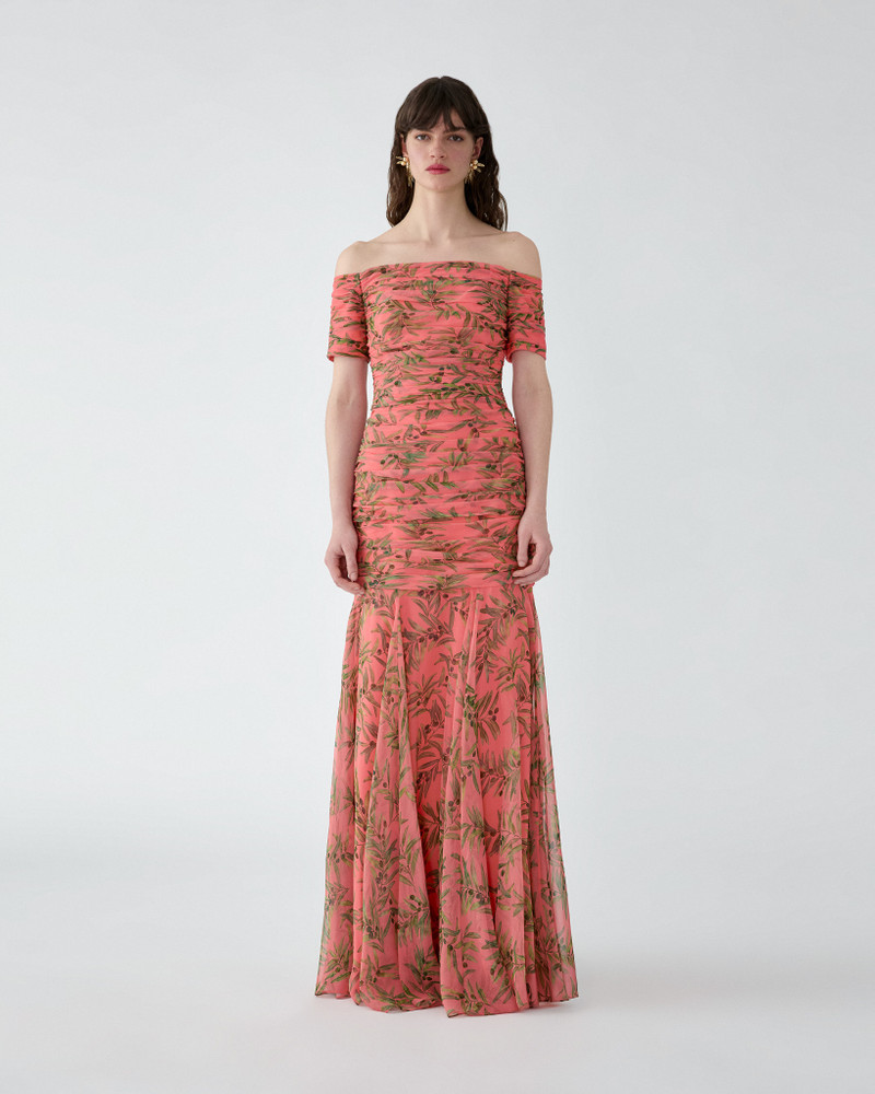 CAROLINA HERRERA Olive Branch-Print Ruched Gown outlook