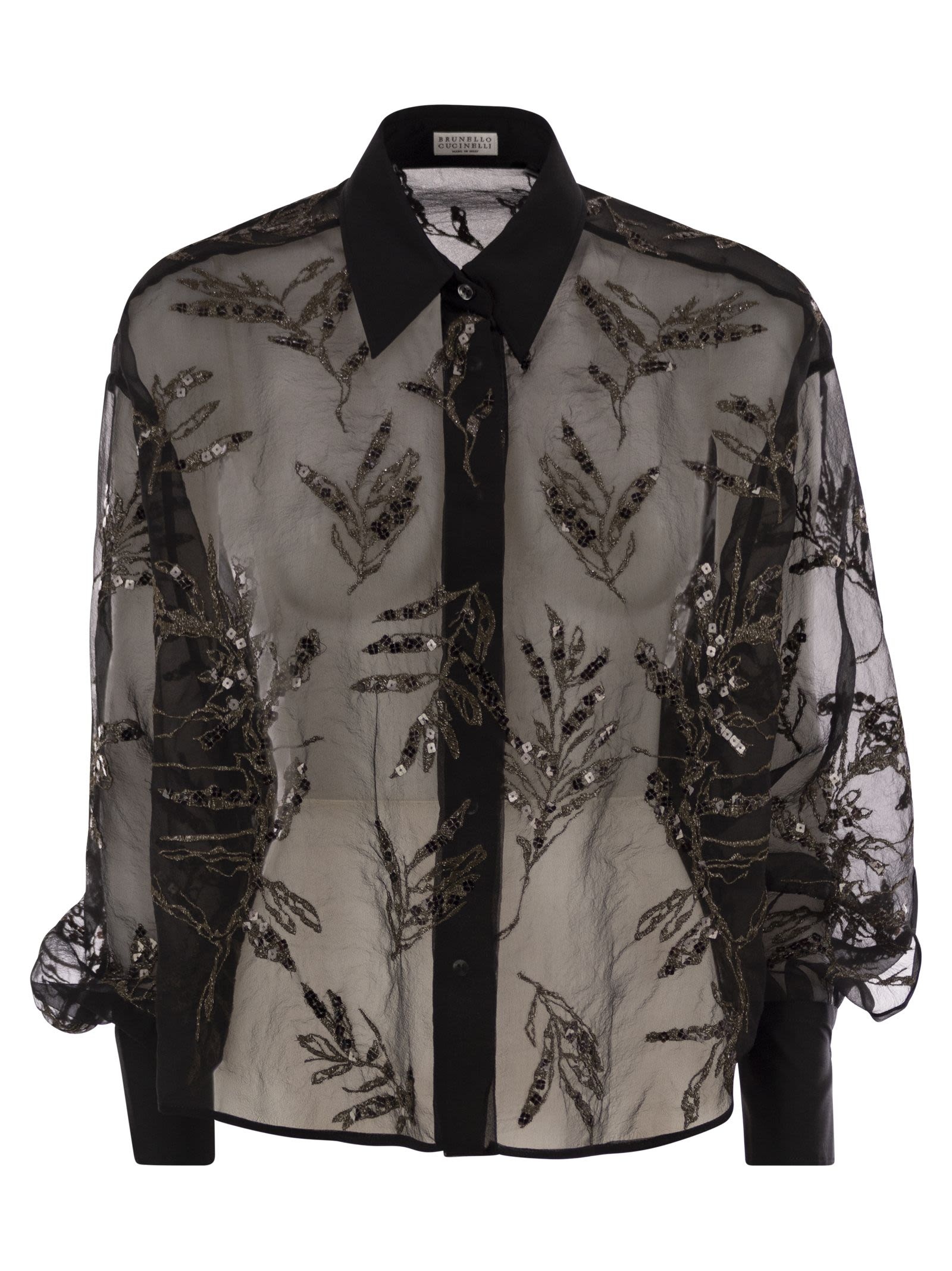 Brunello Cucinelli Women Crispy Silk Shirt With Glistening Flora Embroidery - 1