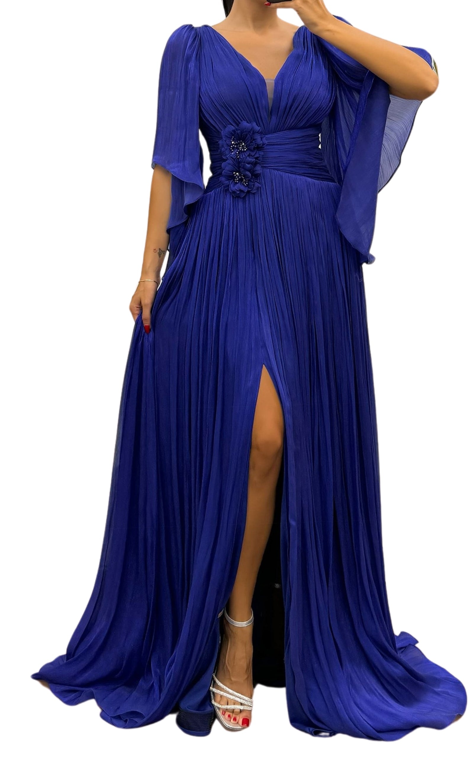 Cult Moda - Elegant Chiffon Evening Dress Gown with Floral Brooch in Blue - 3