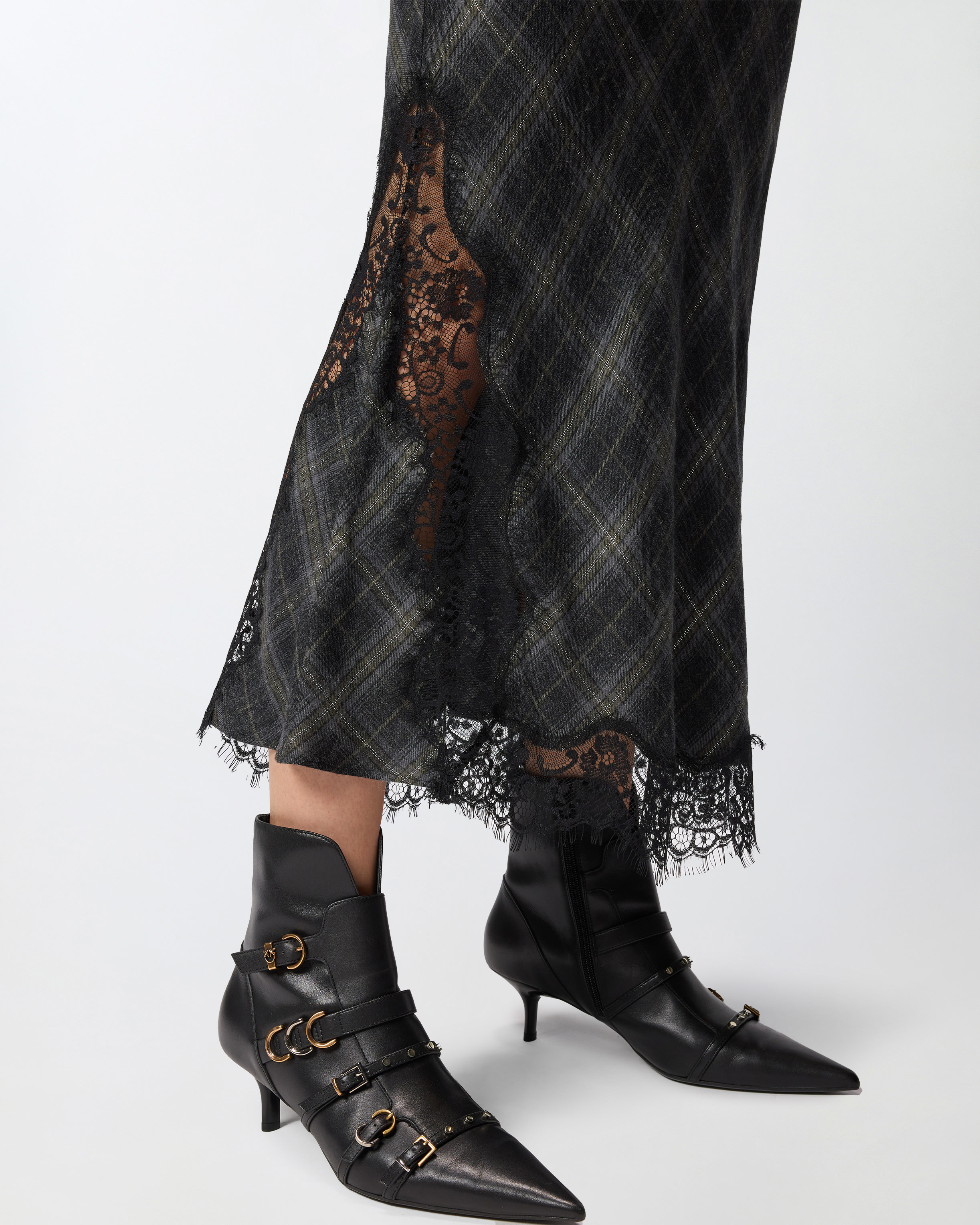 LONG CHECK SKIRT WITH LACE - 5