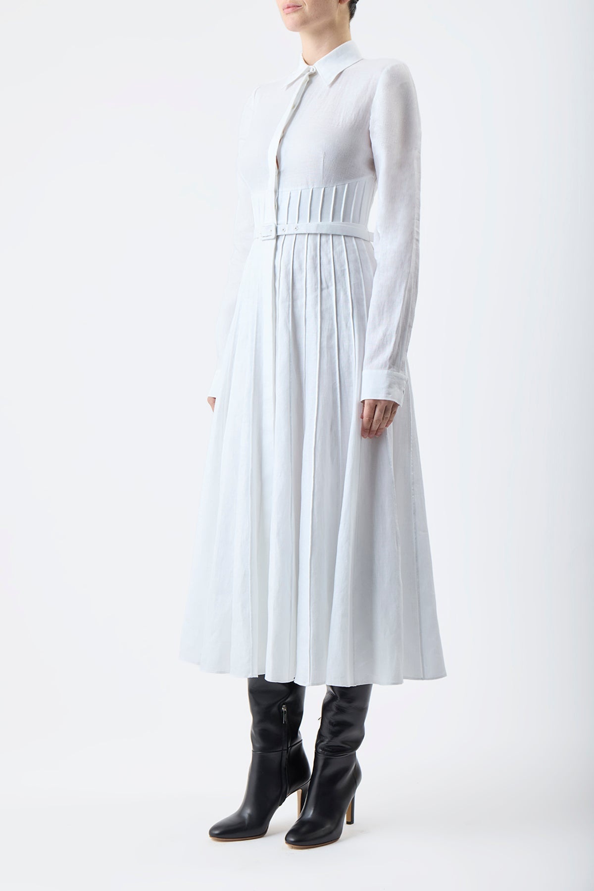 Dewi Pleated Dress in White Aloe Linen - 4