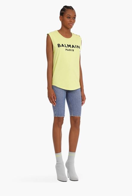 Lime green cotton T-shirt with flocked black Balmain logo - 7