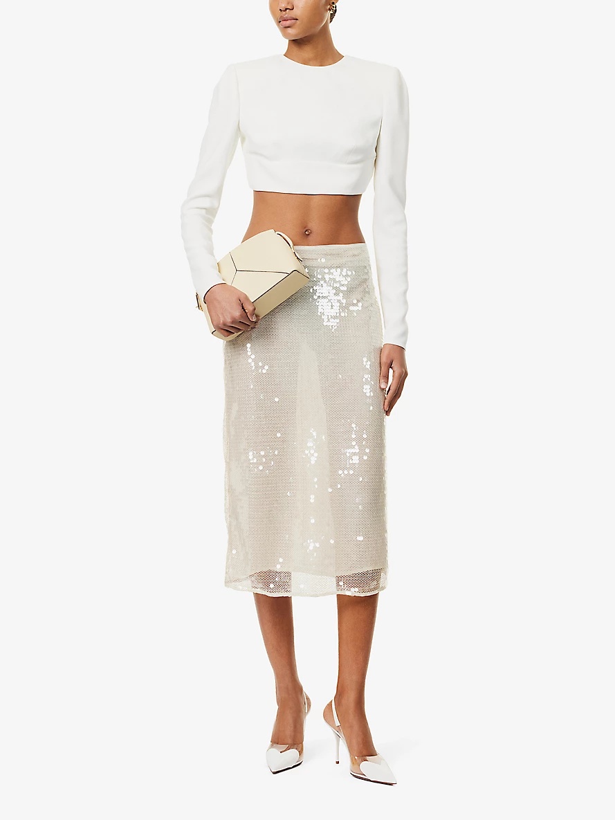 Sequin fishnet-texture woven-blend midi skirt - 2