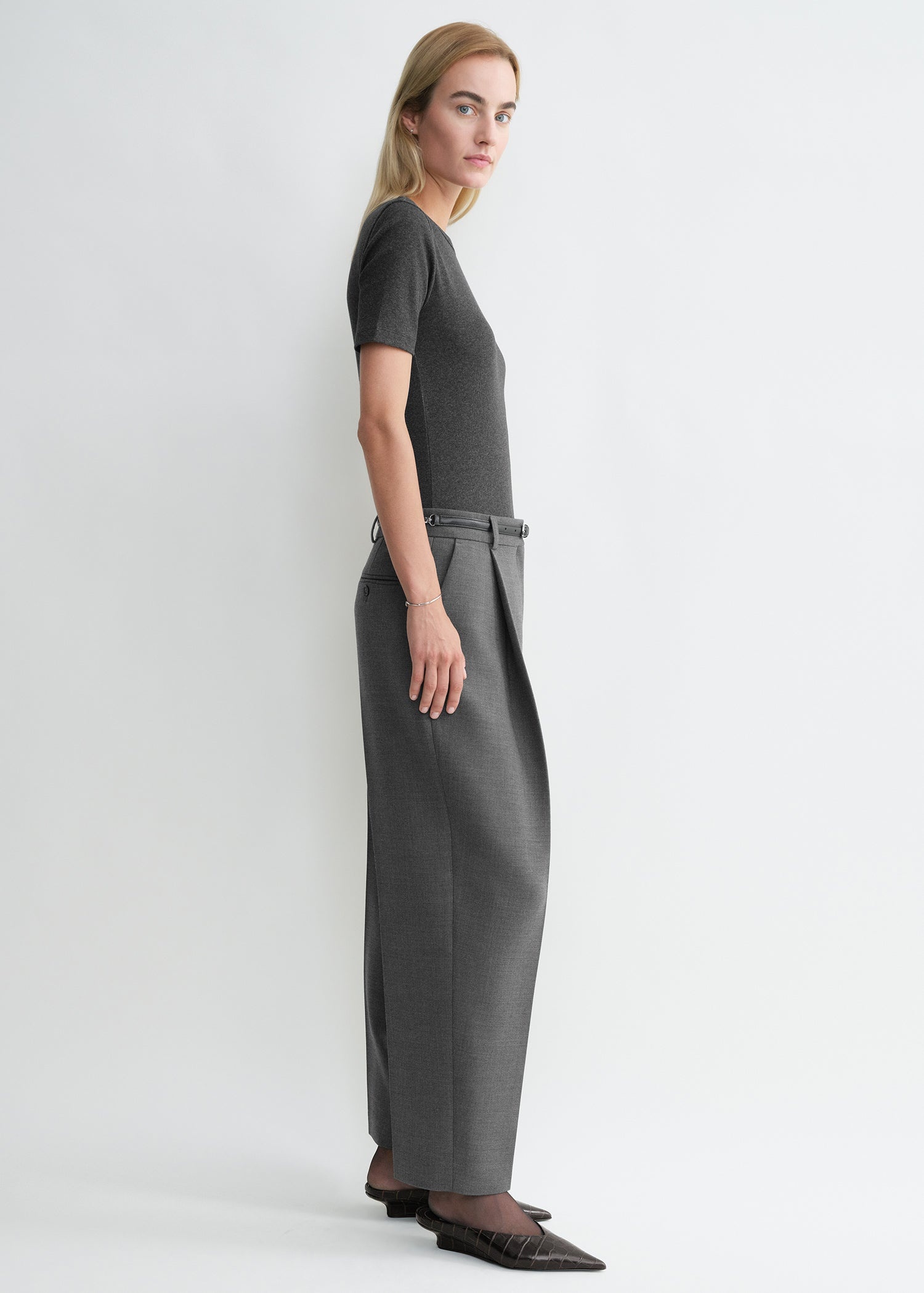 Pleated straight trousers grey melange - 3