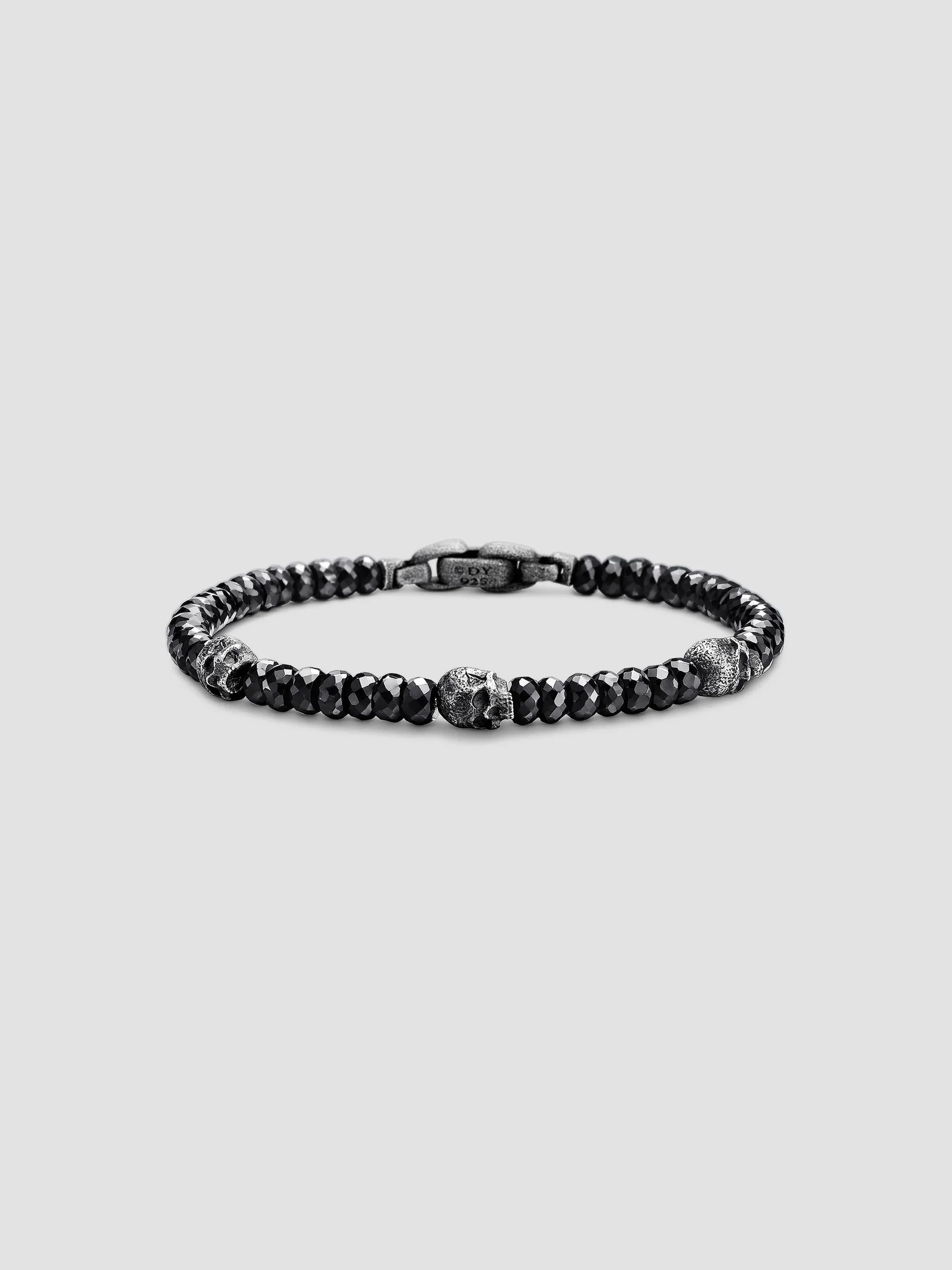Men's Memento Mori Skull Station Bracelet in Sterling Silver - Black Spinel - 1
