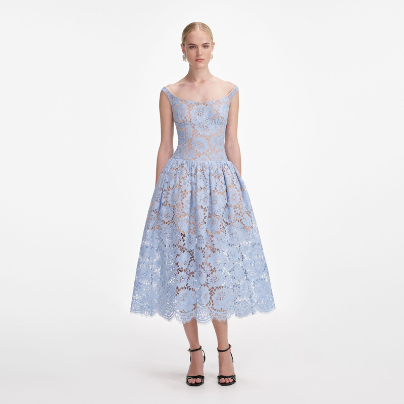 Blue Floral Lace Midi Dress - 1