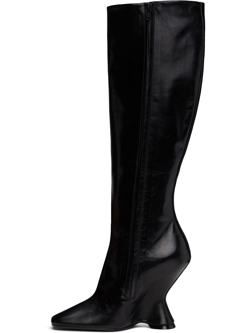 Black Leather Wedge Tall Boots - 3