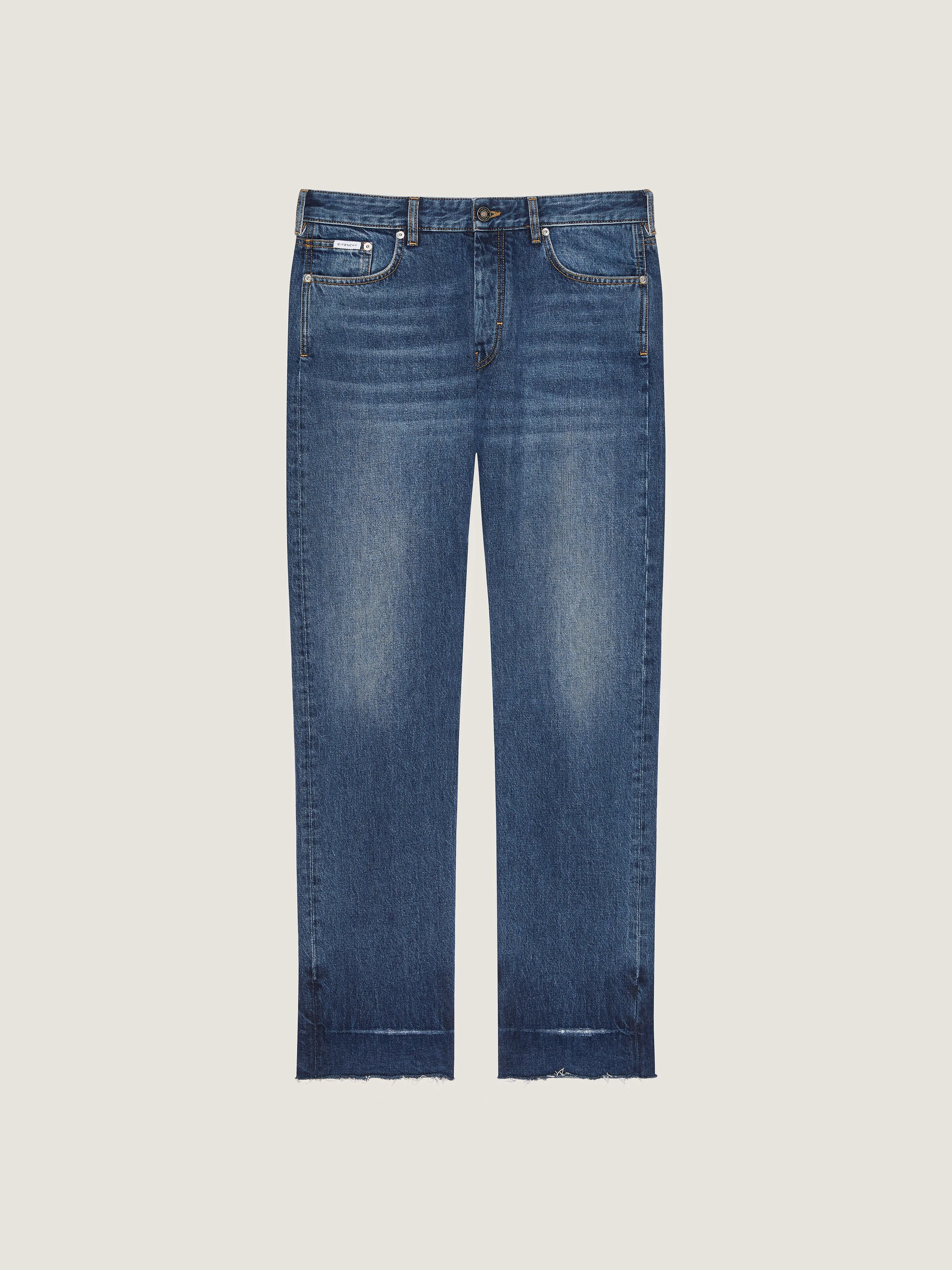 STRAIGHT FIT BLUE JEANS WITH RAW DETAILS - 1